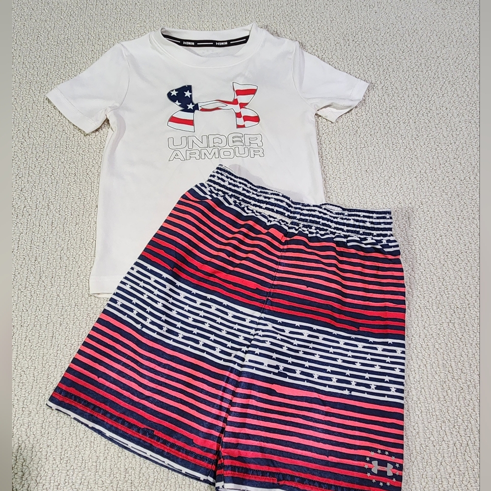 Under Armour Swim‎ Boys Red White And Blue Patriotic Rashguard And Suit Sz 5